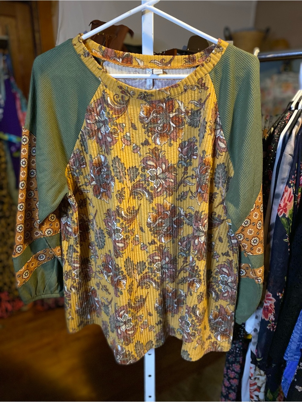 Cato Mustard Floral paisley Top with Olive Sleeves - boho - waffle knit
